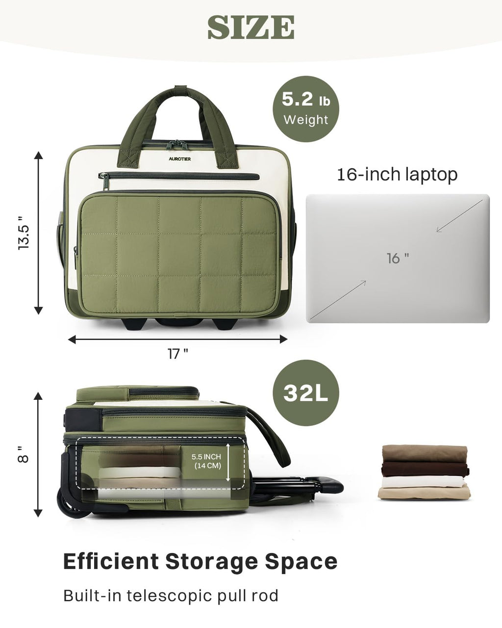 Rolling Puffer Laptop Bag, 16 Inch Water Resistant Carry On Luggage with Wheels, Green L909510
