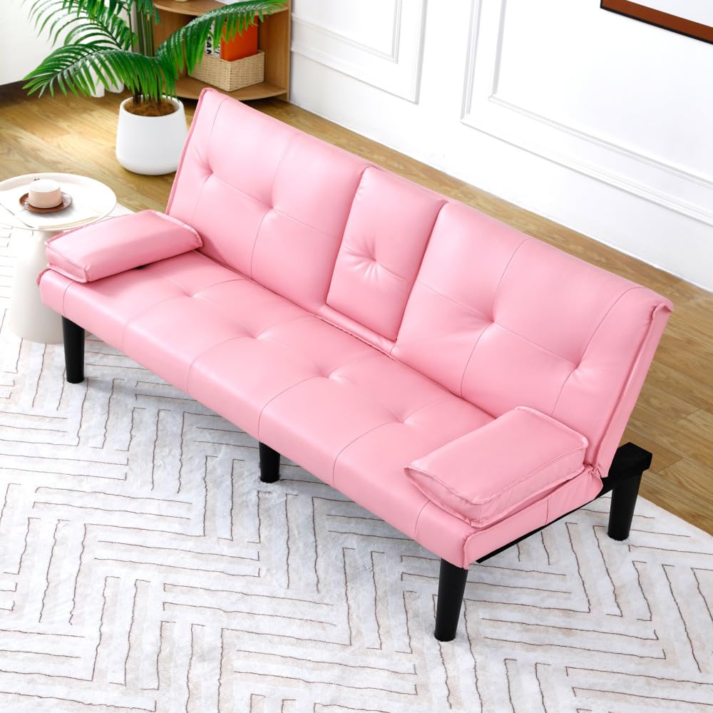 Pink 67-Inch PVC Convertible Sofa Bed U80814