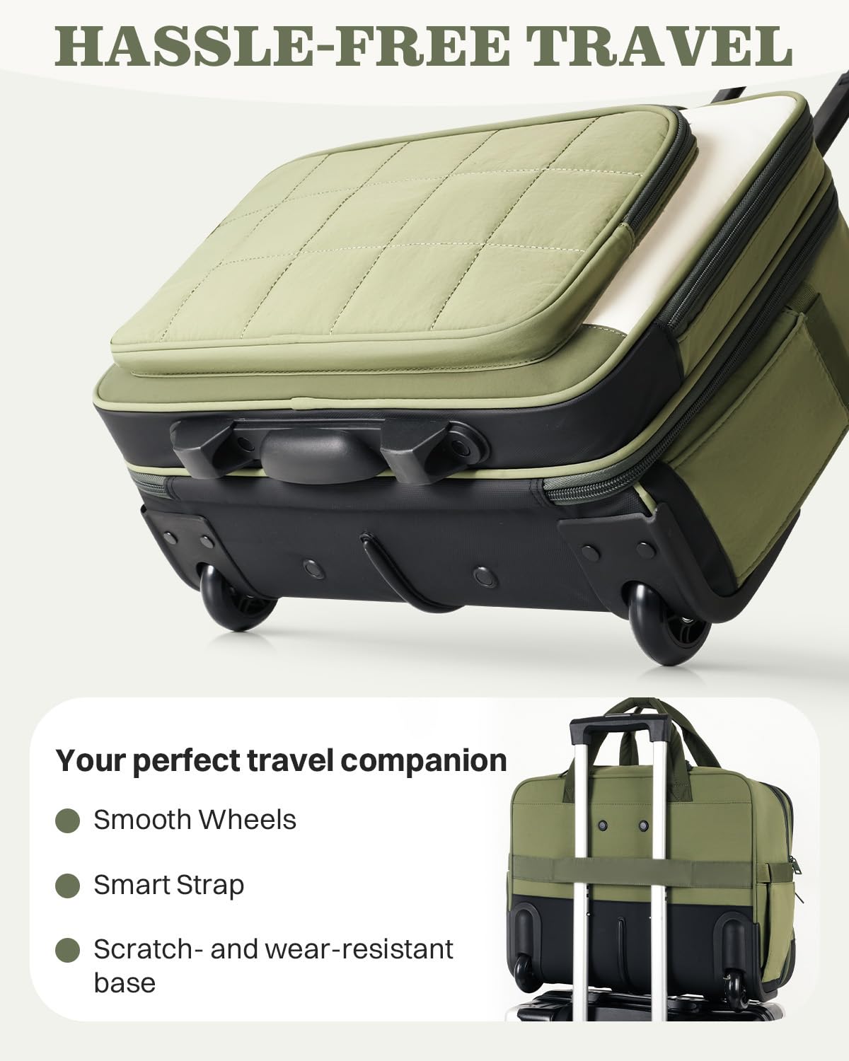 Rolling Puffer Laptop Bag, 16 Inch Water Resistant Carry On Luggage with Wheels, Green L909510