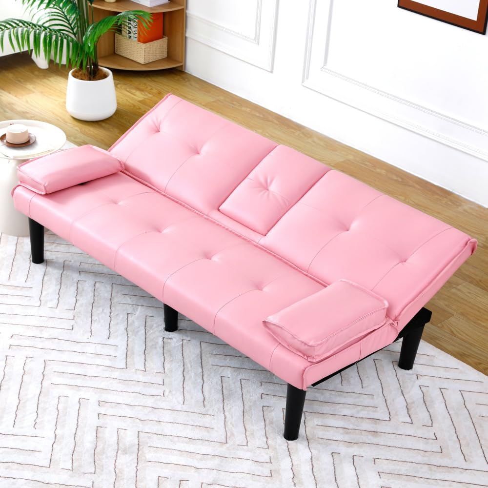 Pink 67-Inch PVC Convertible Sofa Bed U80814