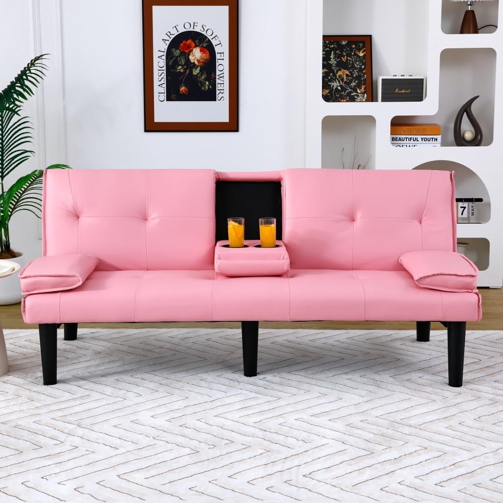 Pink 67-Inch PVC Convertible Sofa Bed U80814