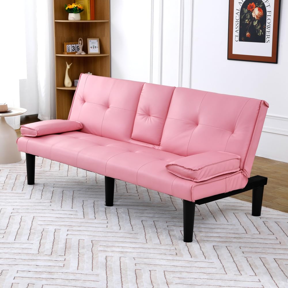 Pink 67-Inch PVC Convertible Sofa Bed U80814
