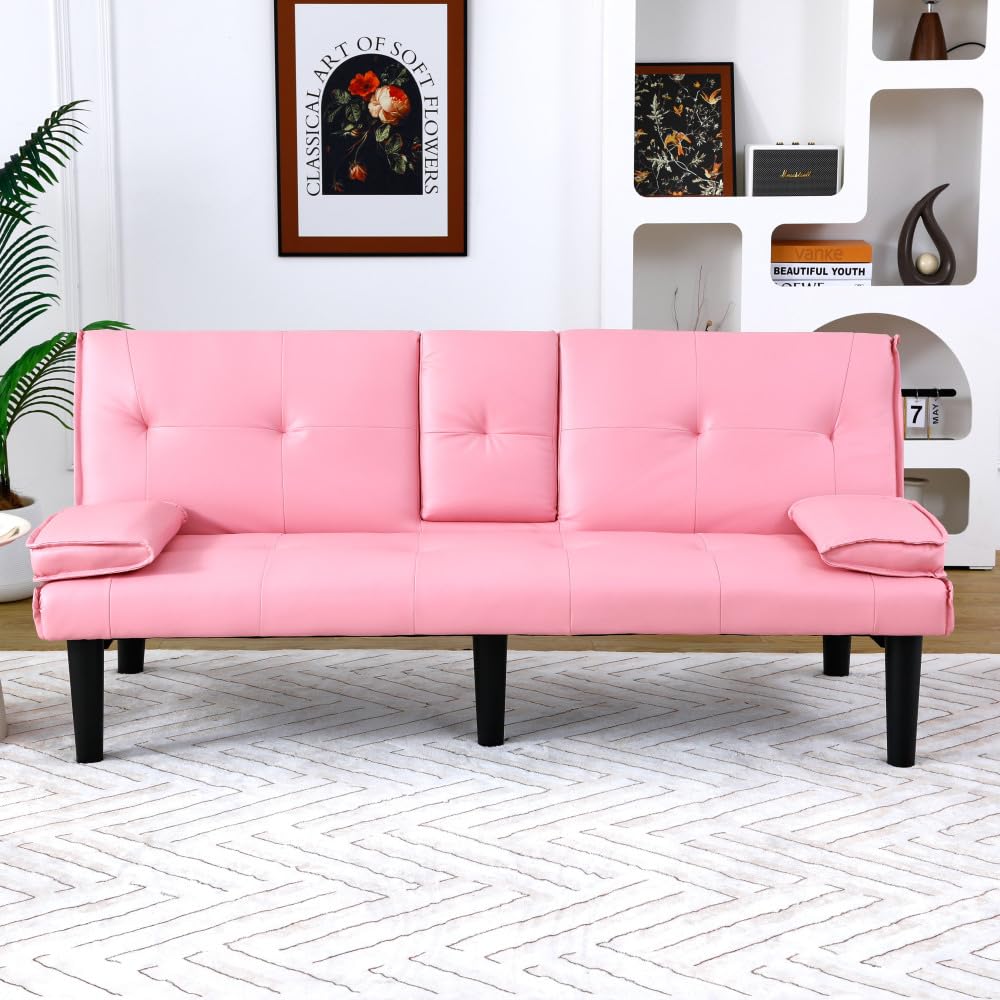 Pink 67-Inch PVC Convertible Sofa Bed U80814