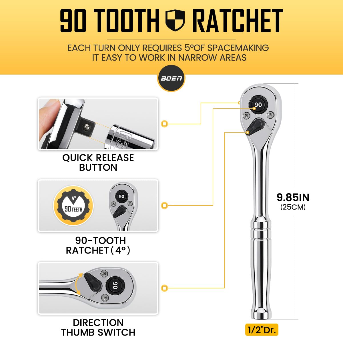 225PCS Mechanic Tool Set, 1/4" & 3/8" & 1/2" Drive Socket Wrench Set, Metric and Standard with 90-Tooth Ratchet W83779