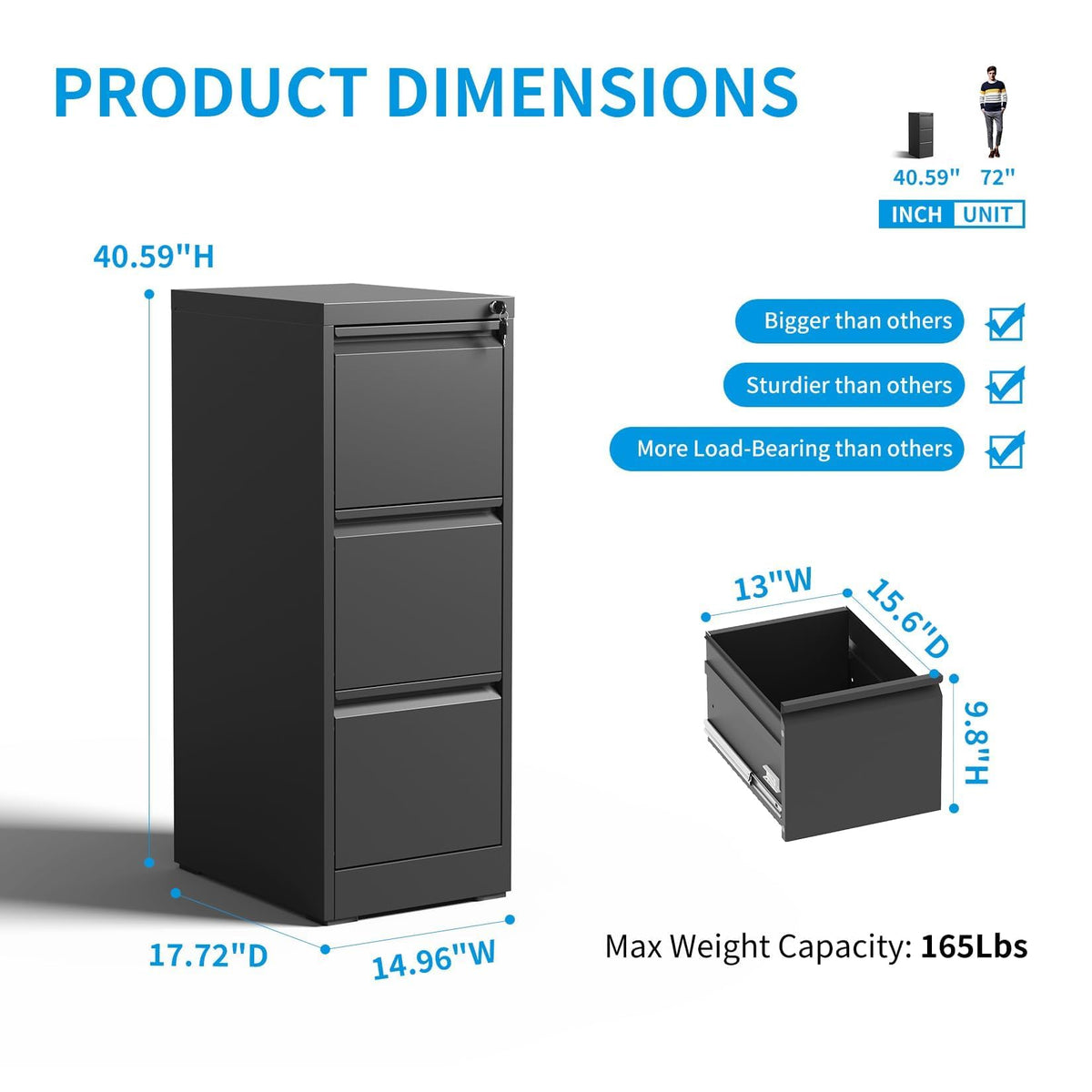 Black 3 Drawer Locking Metal Filing Cabinet C393