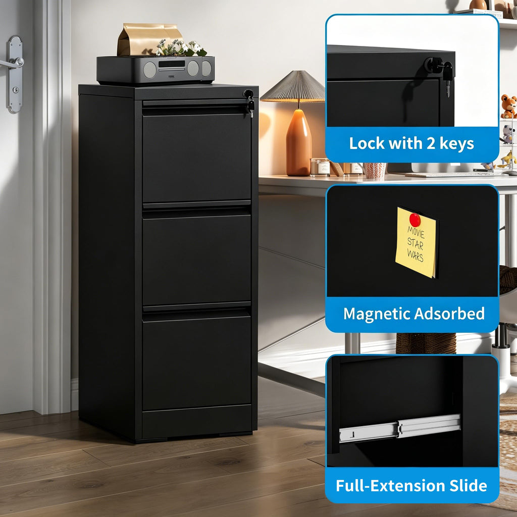 Black 3 Drawer Locking Metal Filing Cabinet C393