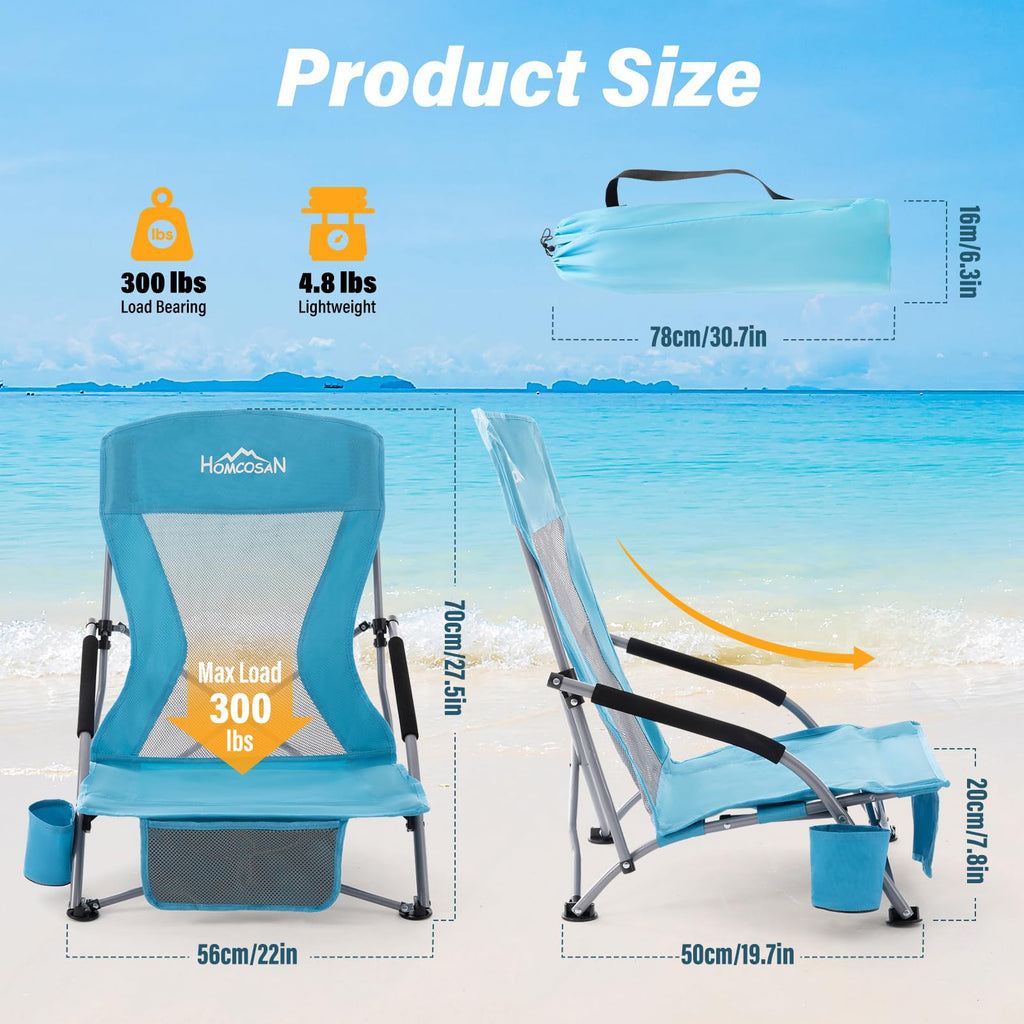 Portable Low Folding Beach Chairs Set of 2 Lightweight with Cup Holder Storage Pockets Carry Bag Blue O382343