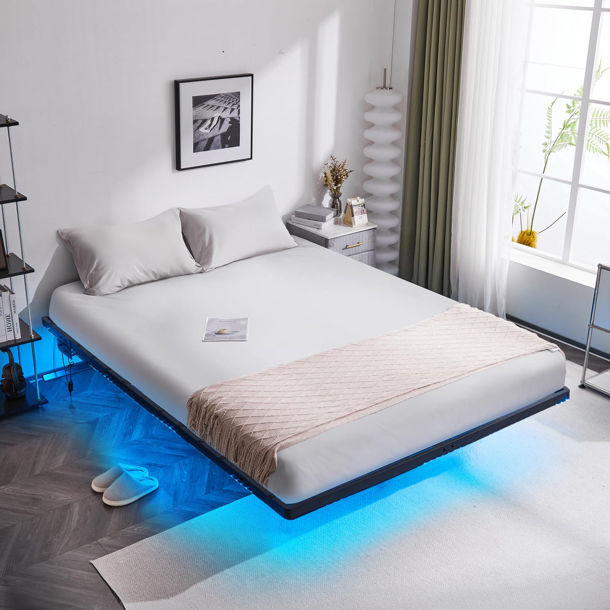 14 Inch Full Floating Bed Frame with USB Charging Station and LED Lights D32996