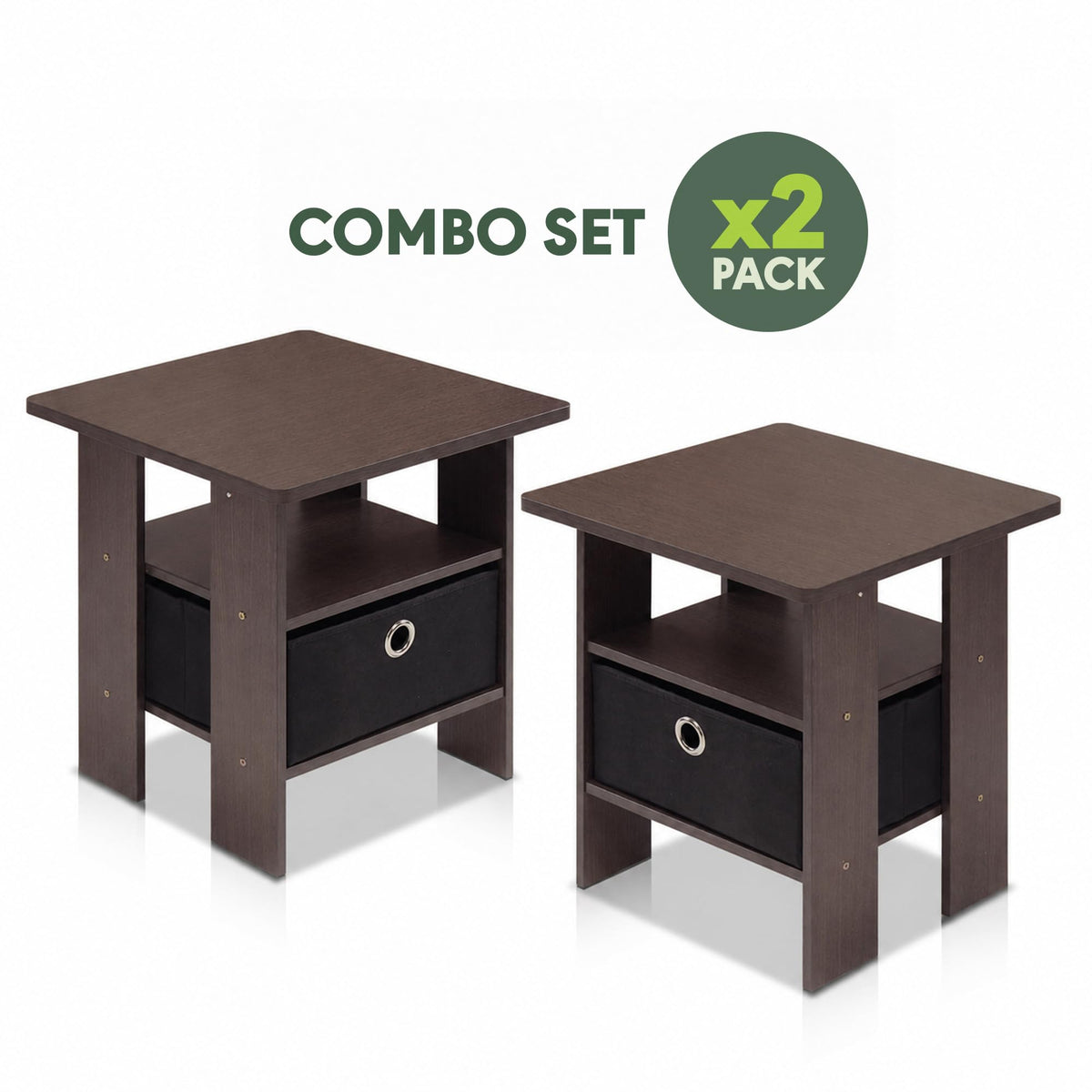 Brown Set of 2 Side Table with Storage Bin Drawer V771725