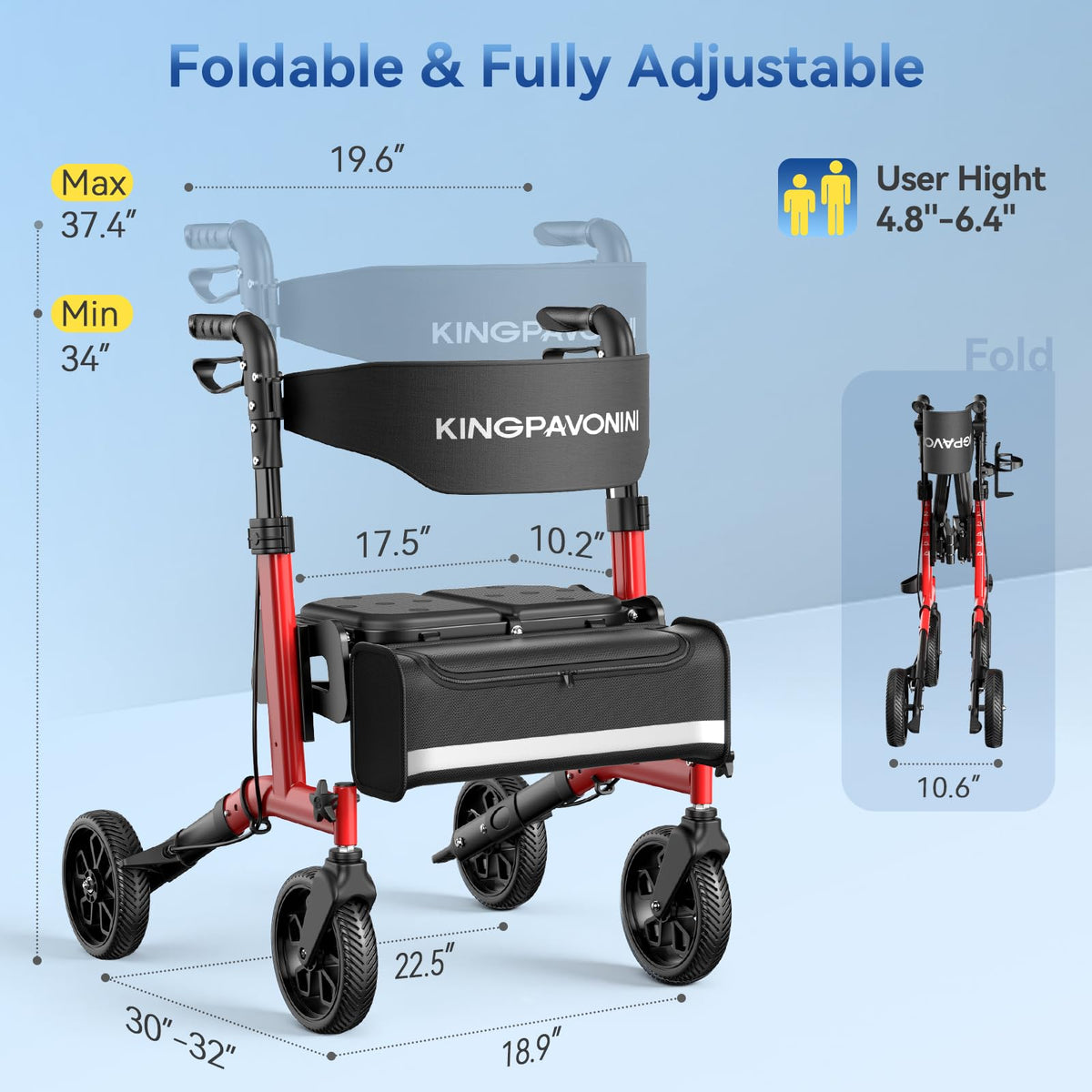 Foldable Rollator Walker with Seat, 380 lbs, Red N940019