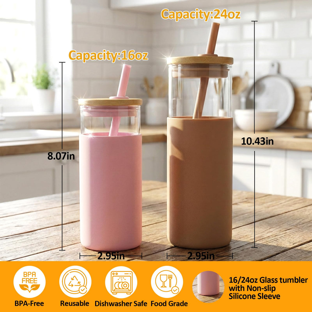 24 oz Glass Tumbler with Lids and Straw Z797