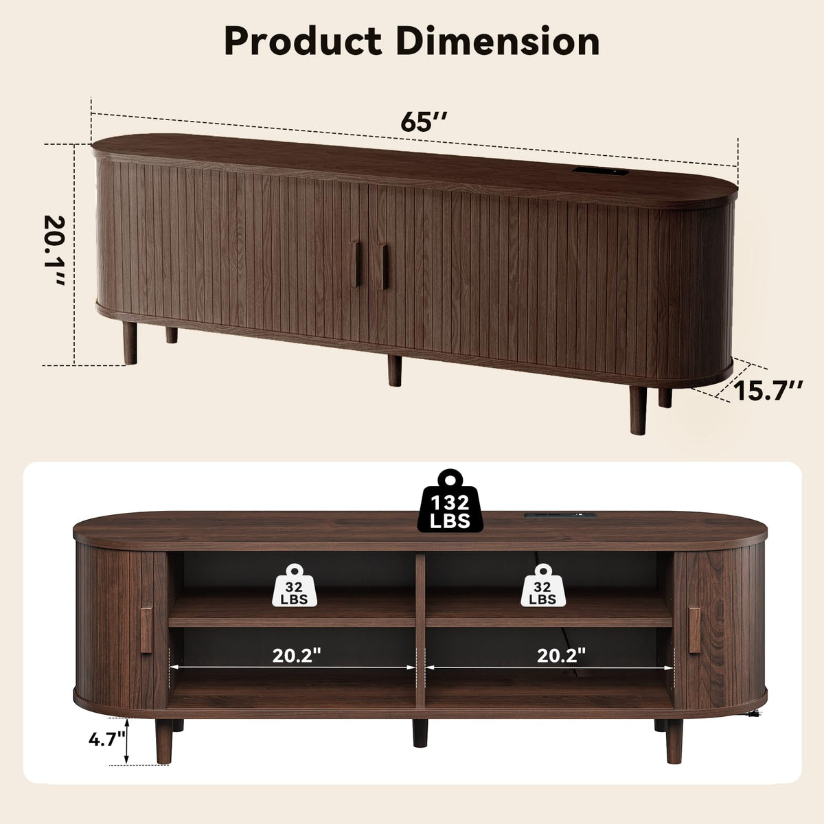 65" Walnut Wood TV Stand with Power Outlet and Sliding Doors B91861