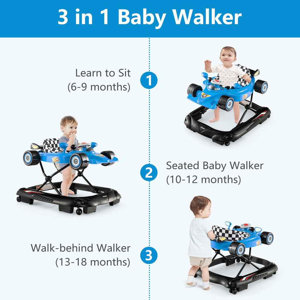 Foldable Baby Walker 3 in 1 Adjustable Height with Lights Music Blue H266