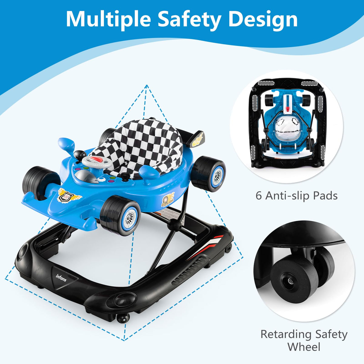 Foldable Baby Walker 3 in 1 Adjustable Height with Lights Music Blue H266