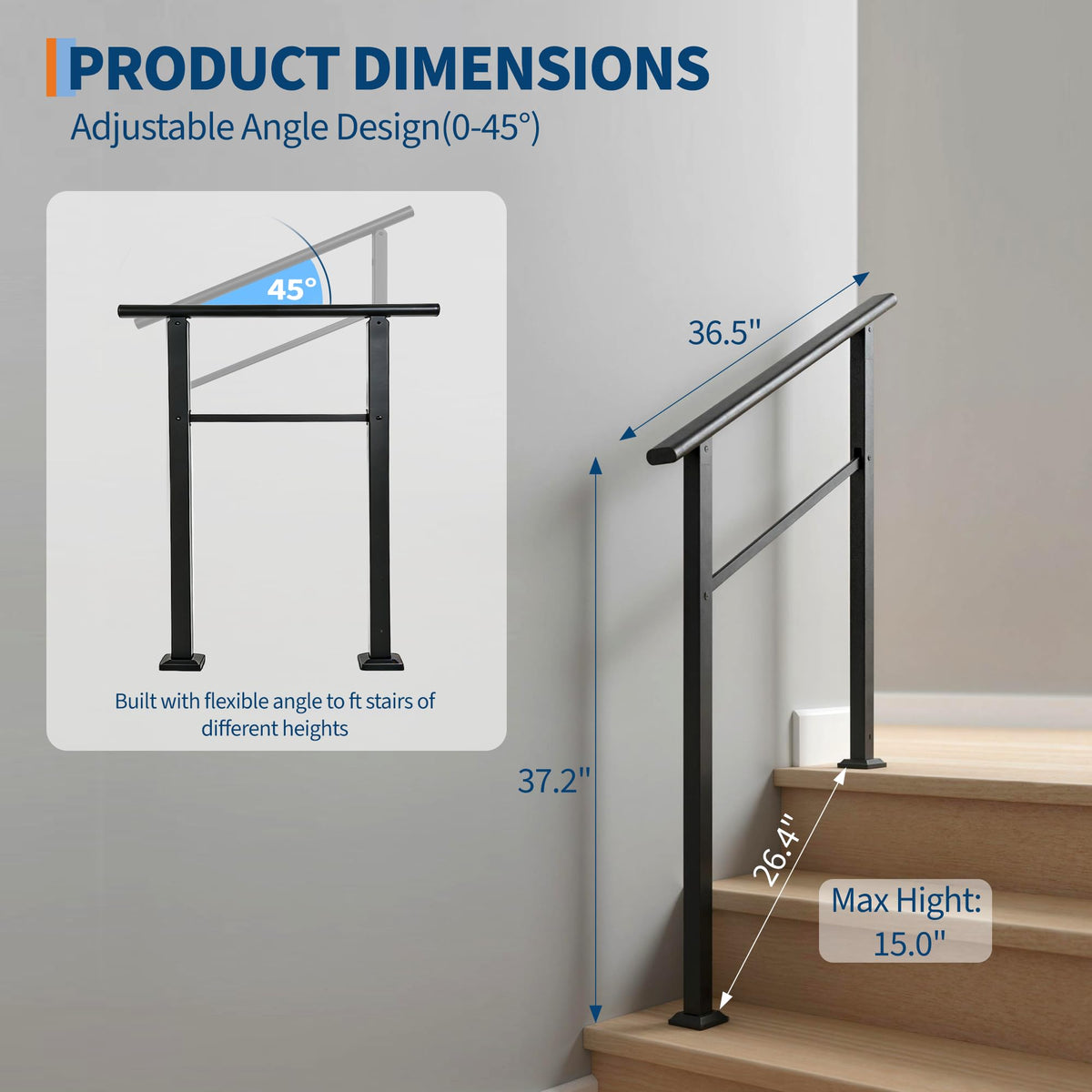 4 Step Black Aluminum Iron Outdoor Stair Handrail Kit L456