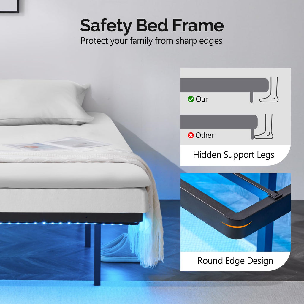 14 Inch Full Floating Bed Frame with USB Charging Station and LED Lights D32996