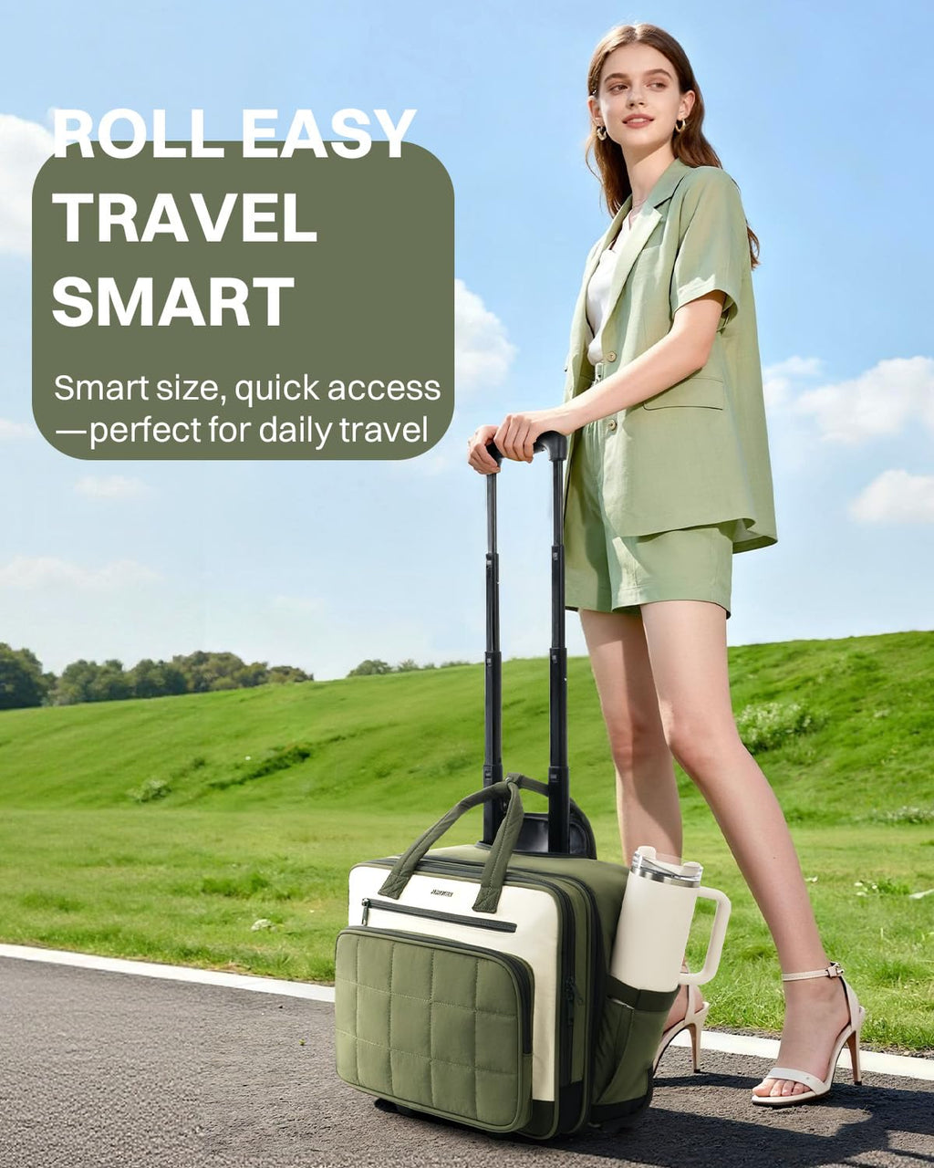 Rolling Puffer Laptop Bag, 16 Inch Water Resistant Carry On Luggage with Wheels, Green L909510
