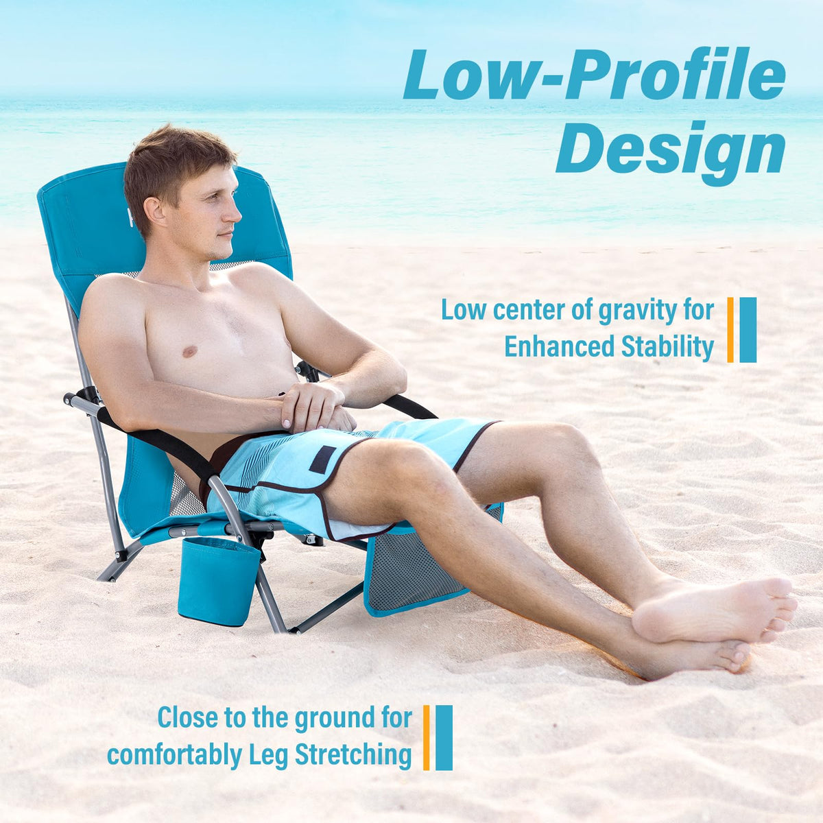 Portable Low Folding Beach Chairs Set of 2 Lightweight with Cup Holder Storage Pockets Carry Bag Blue O382343