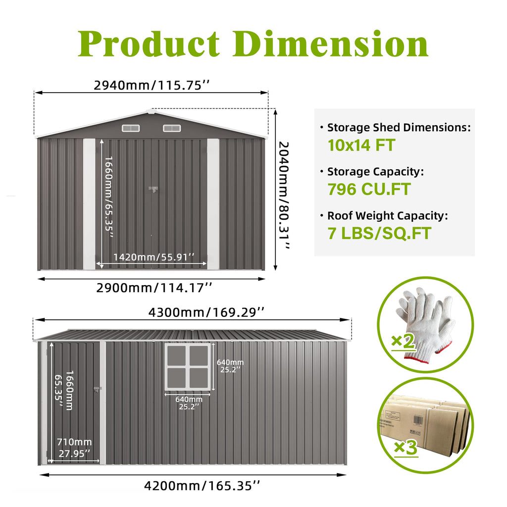 10x14 FT Grey Metal Storage Shed H37585