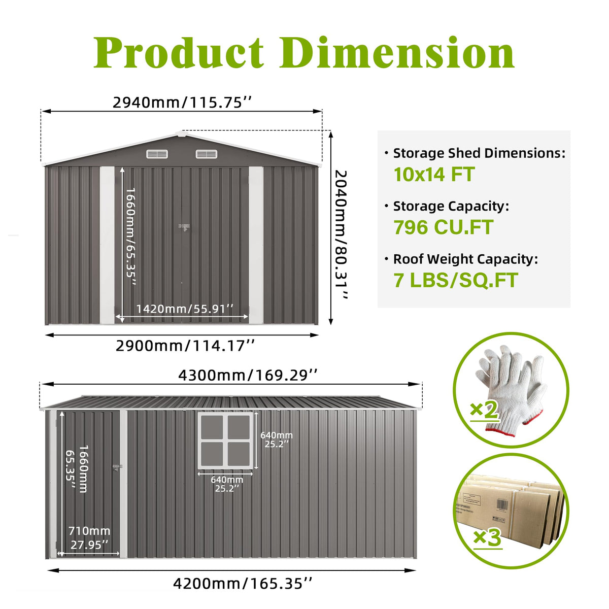 10x14 FT Grey Metal Storage Shed H37585