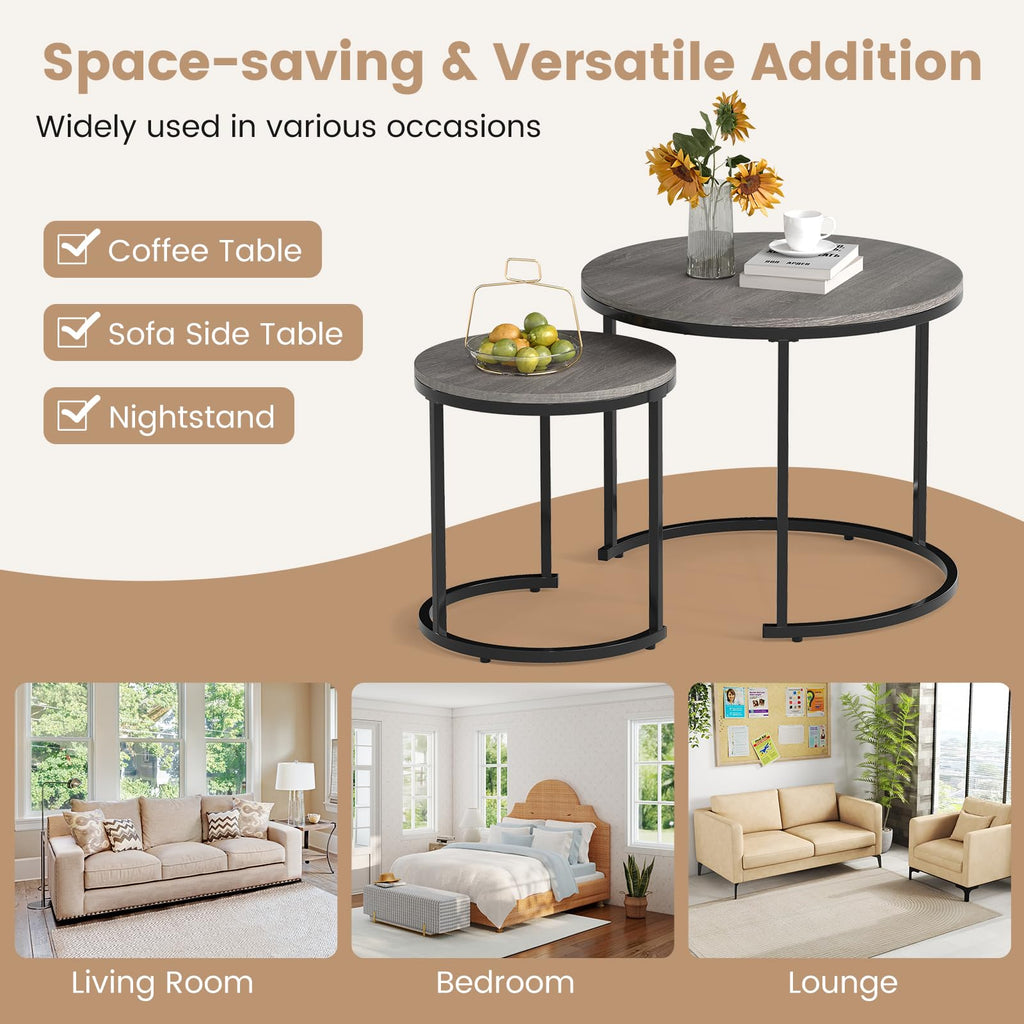 Round Nesting Coffee Table Set of 2 Grey Oak L4051