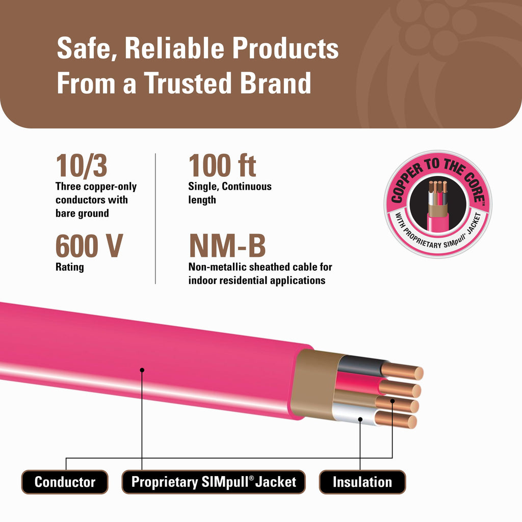 10 Gauge 3 Conductor Electrical Wire, 100Ft D918