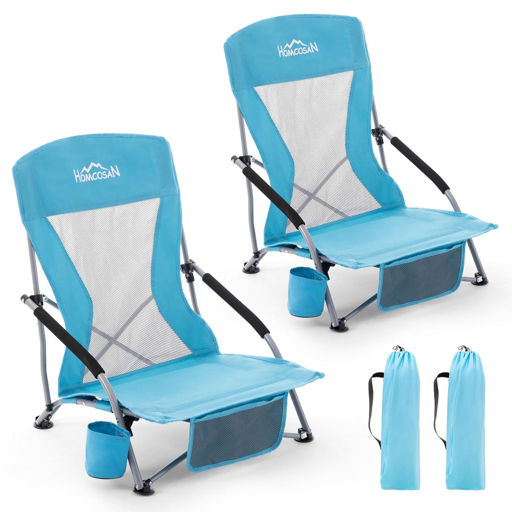 Portable Low Folding Beach Chairs Set of 2 Lightweight with Cup Holder Storage Pockets Carry Bag Blue O382343