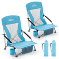 Portable Low Folding Beach Chairs Set of 2 Lightweight with Cup Holder Storage Pockets Carry Bag Blue O382343