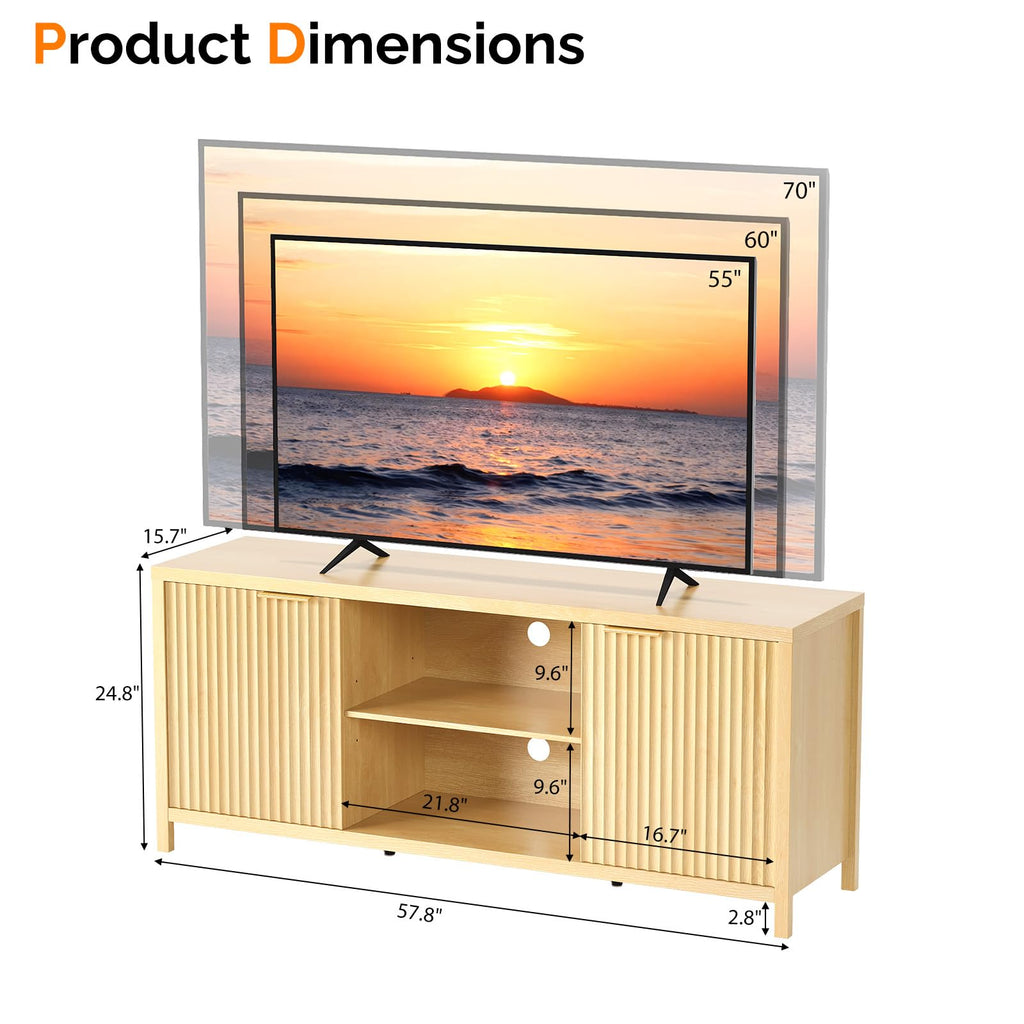 57.8" Oak TV Stand for 70 Inch TV with Adjustable Shelves and Cabinet Storage O665
