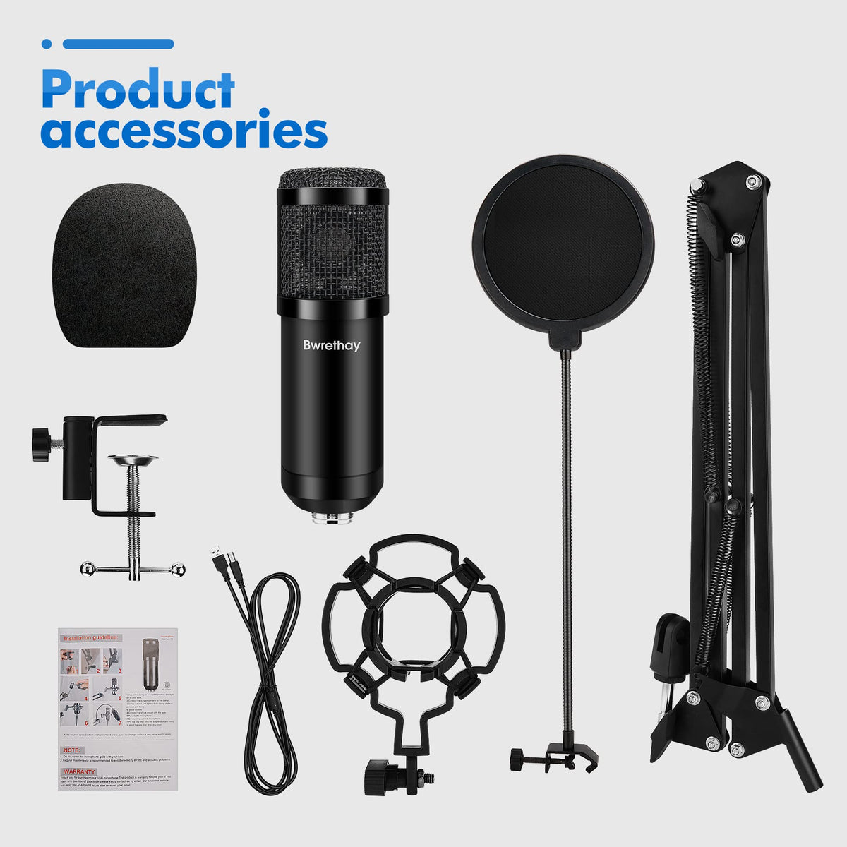 USB Condenser Cardioid Microphone with Boom Arm Stand and Shock Mount, Black T751
