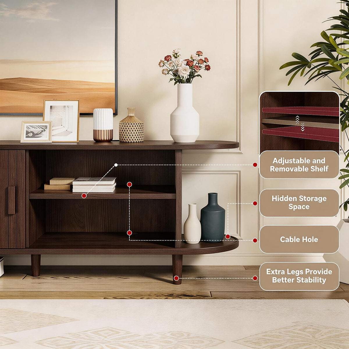 65" Walnut Wood TV Stand with Power Outlet and Sliding Doors B91861