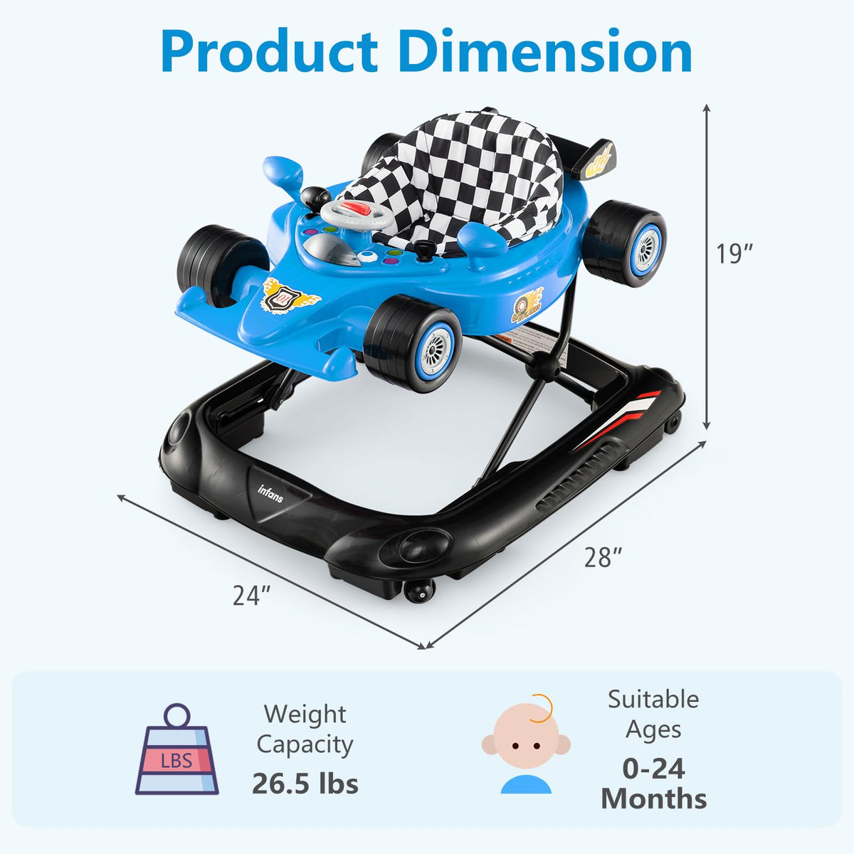 Foldable Baby Walker 3 in 1 Adjustable Height with Lights Music Blue H266