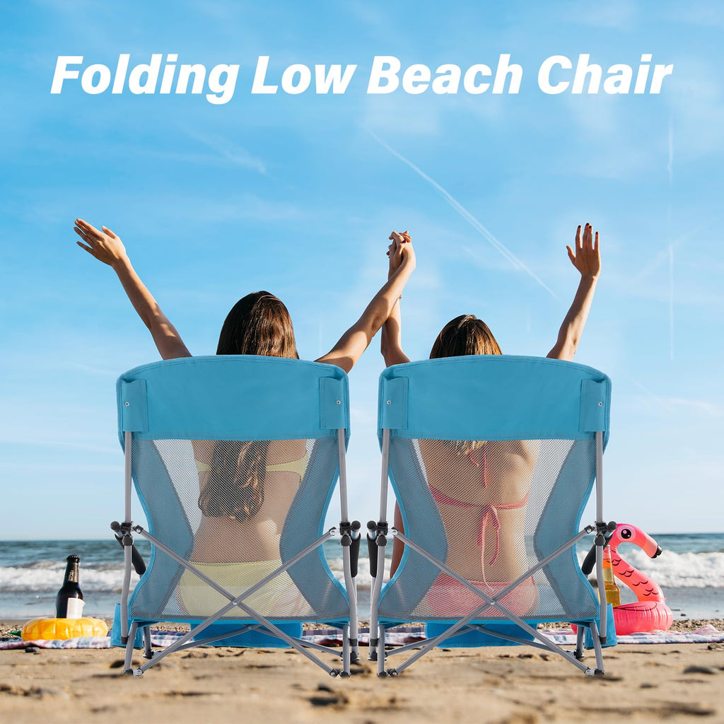 Portable Low Folding Beach Chairs Set of 2 Lightweight with Cup Holder Storage Pockets Carry Bag Blue O382343