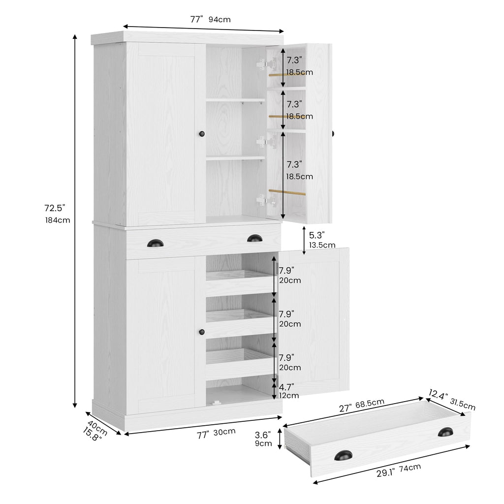 72" White Kitchen Pantry Cabinet with Drawer P69100