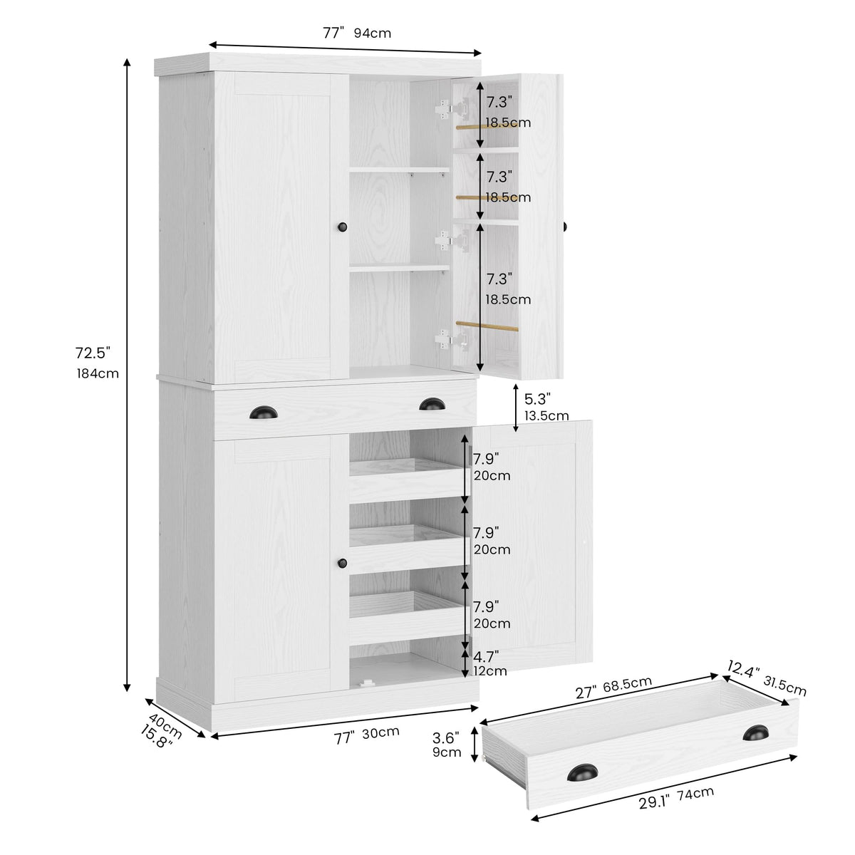 72" White Kitchen Pantry Cabinet with Drawer P69100