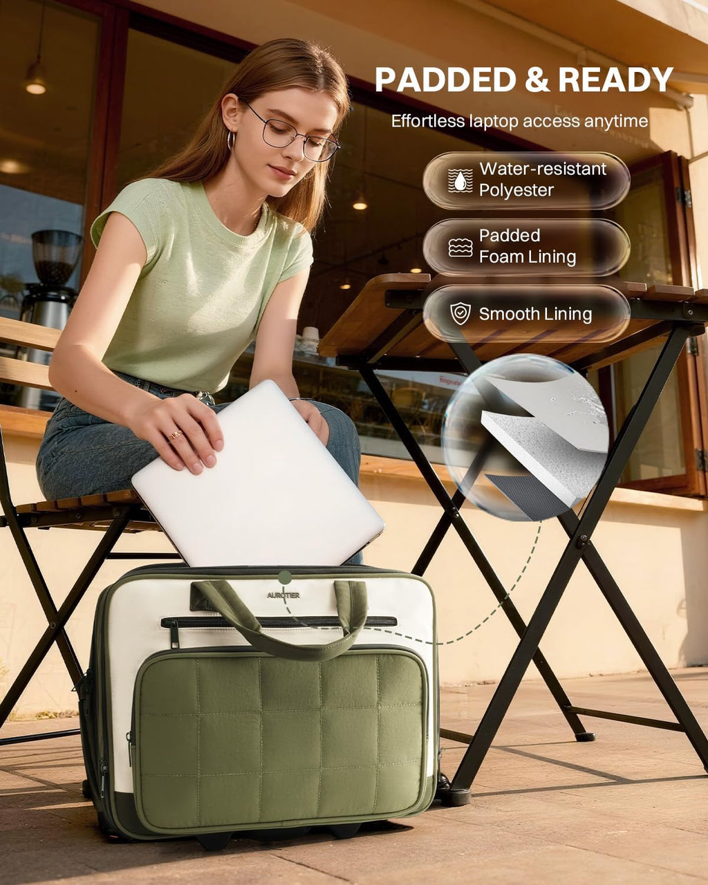 Rolling Puffer Laptop Bag, 16 Inch Water Resistant Carry On Luggage with Wheels, Green L909510