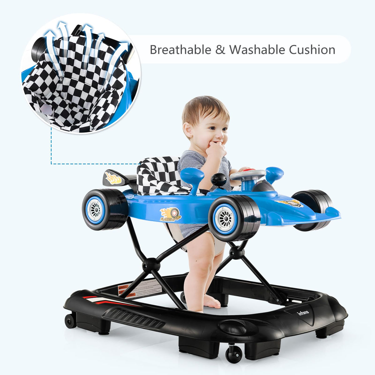 Foldable Baby Walker 3 in 1 Adjustable Height with Lights Music Blue H266