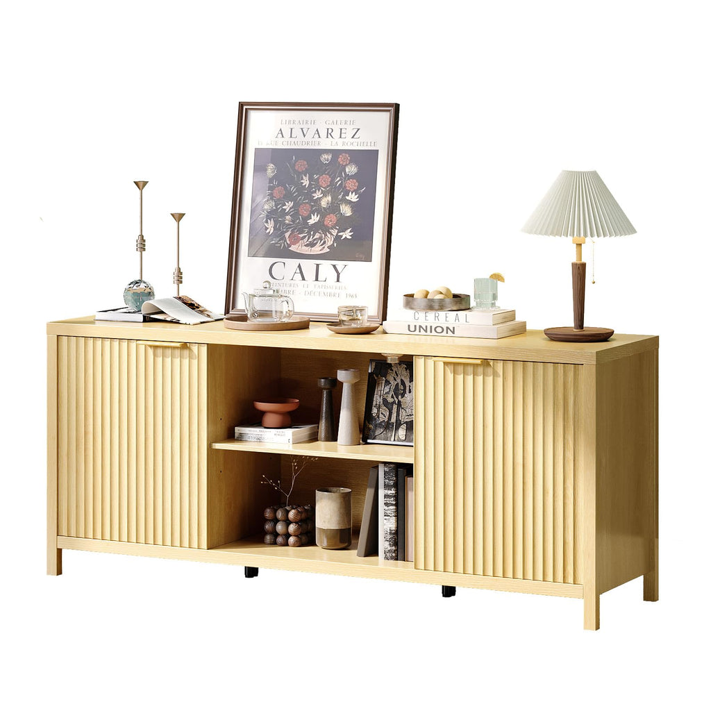 57.8" Oak TV Stand for 70 Inch TV with Adjustable Shelves and Cabinet Storage O665