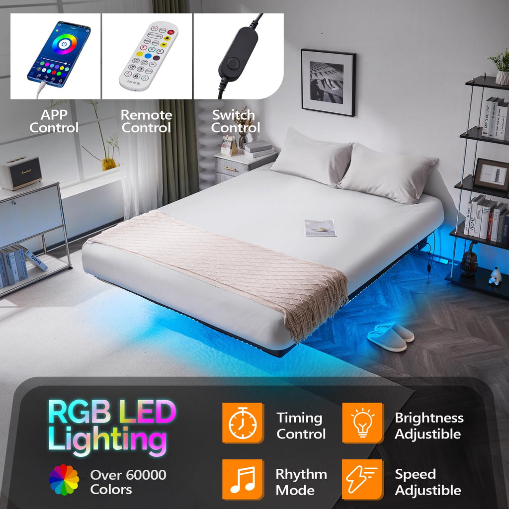 14 Inch Full Floating Bed Frame with USB Charging Station and LED Lights D32996