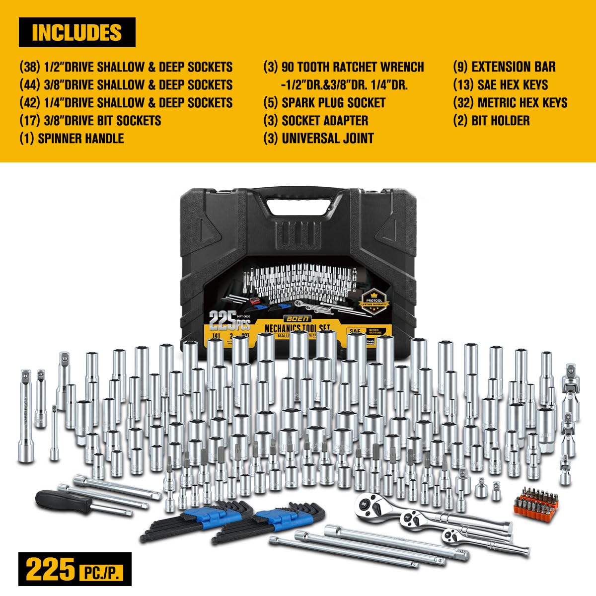 225PCS Mechanic Tool Set, 1/4" & 3/8" & 1/2" Drive Socket Wrench Set, Metric and Standard with 90-Tooth Ratchet W83779