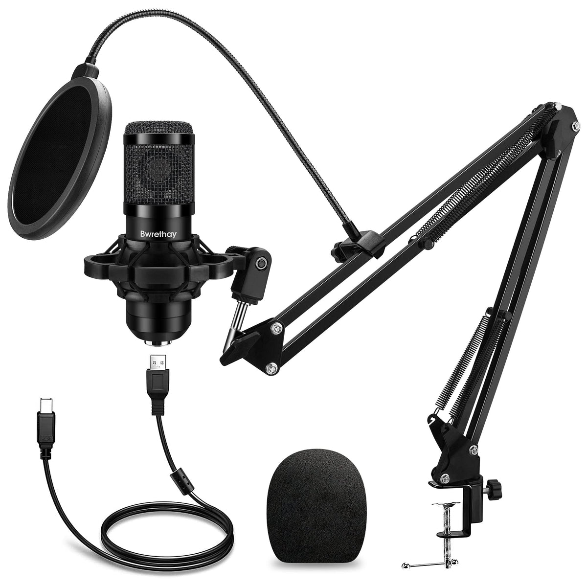 USB Condenser Cardioid Microphone with Boom Arm Stand and Shock Mount, Black T751