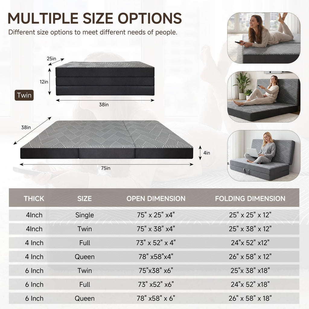Memory Foam Tri Folding Mattress Twin Size 4 Inch U820