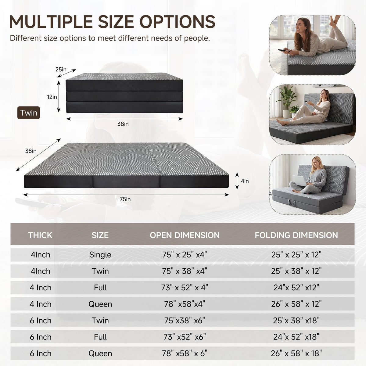 Memory Foam Tri Folding Mattress Twin Size 4 Inch U820