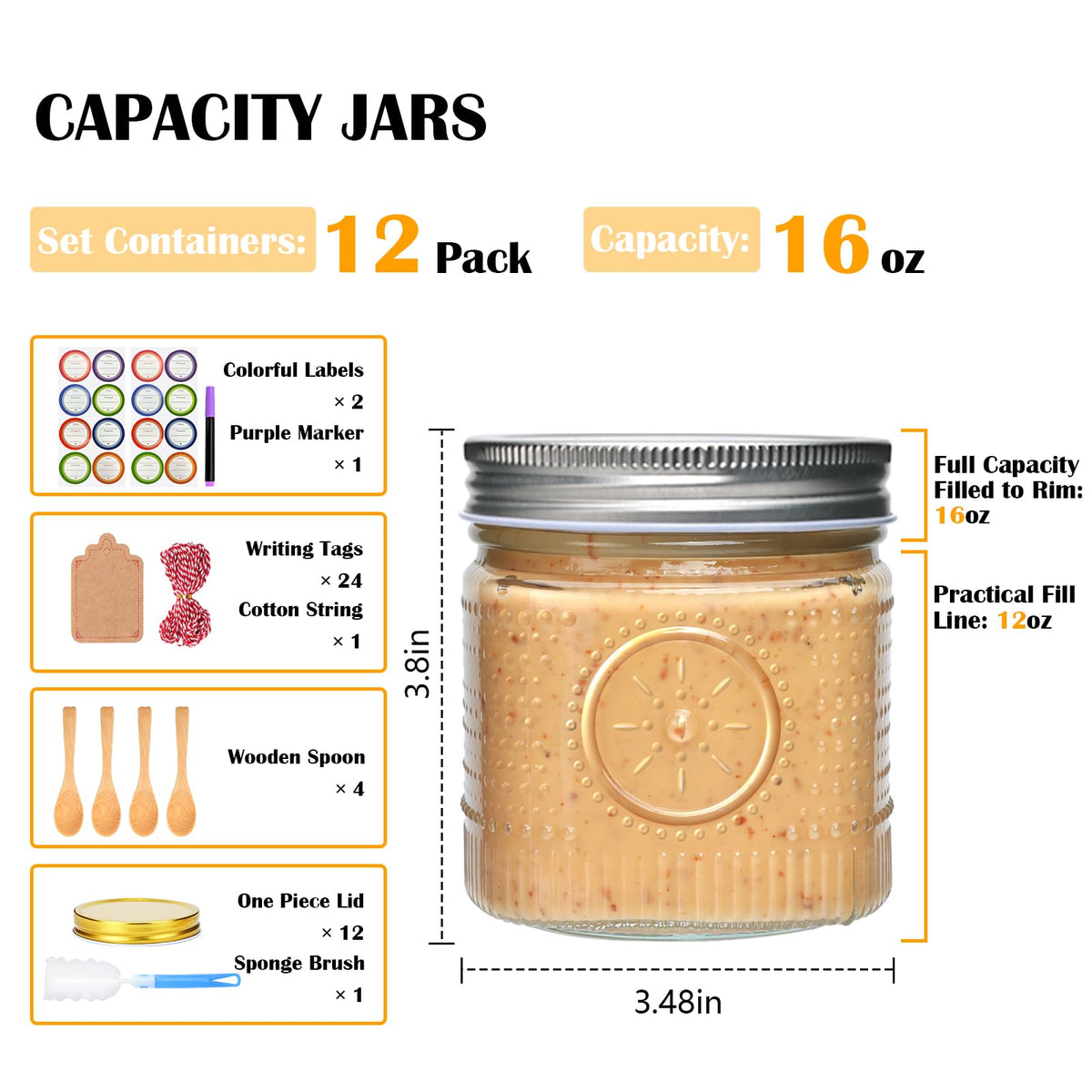 16 oz 12 Pack Wide Mouth Glass Jars with Lids D829