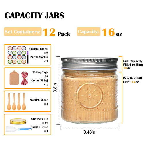 16 oz 12 Pack Wide Mouth Glass Jars with Lids D829