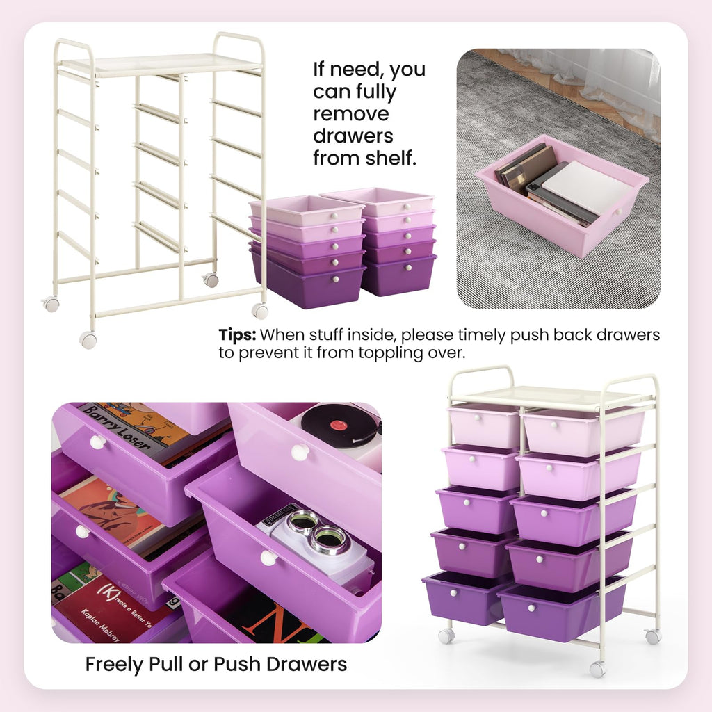 10 Drawer Rolling Storage Cart with Metal Frame V547