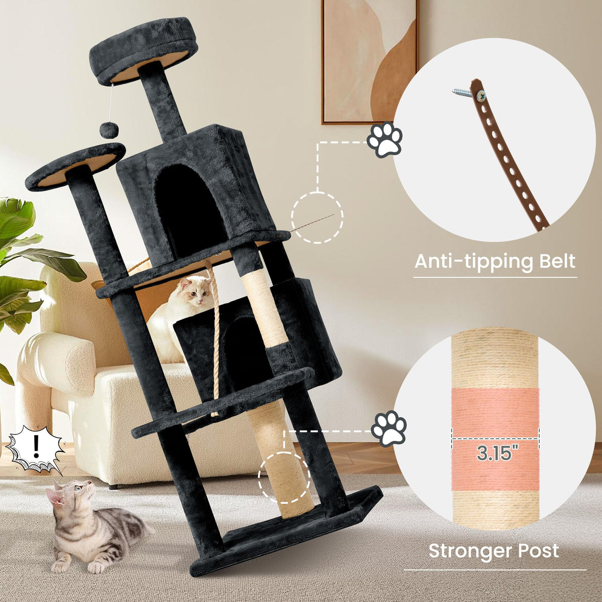 58.5inch Plush Multi-Level Cat Tree Tower with Cat Cave and Scratching Post V688654