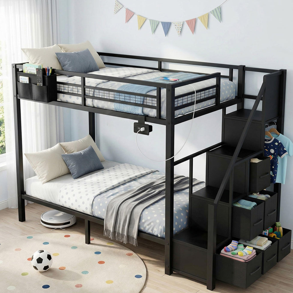 Black Metal Twin Over Twin Bunk Bed with Storage Stairs D655122