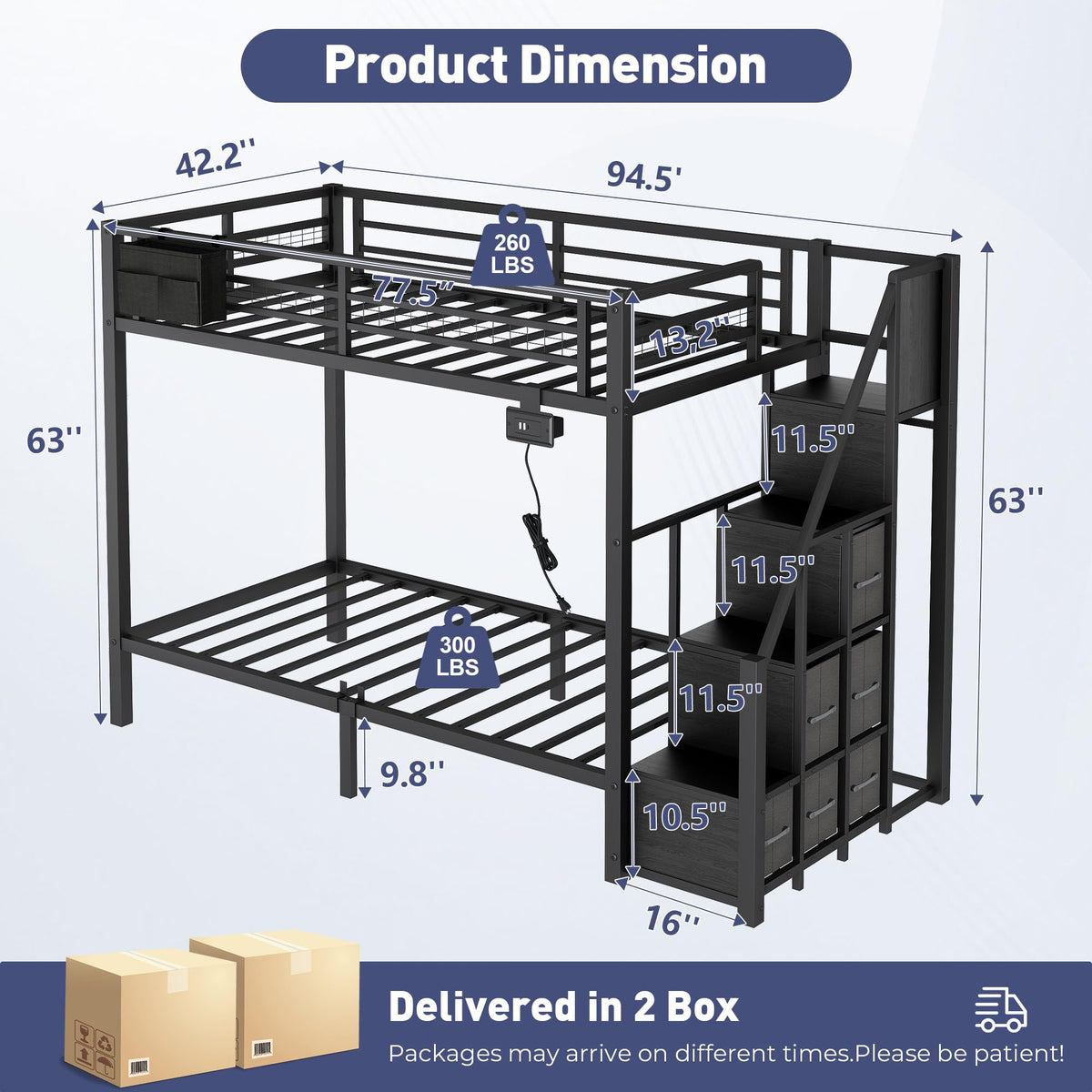 Black Metal Twin Over Twin Bunk Bed with Storage Stairs D655122