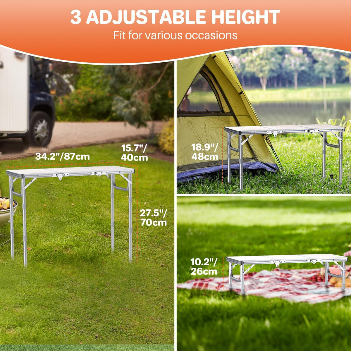 3ft Folding Camping Table, 3 Height Adjustable White S826